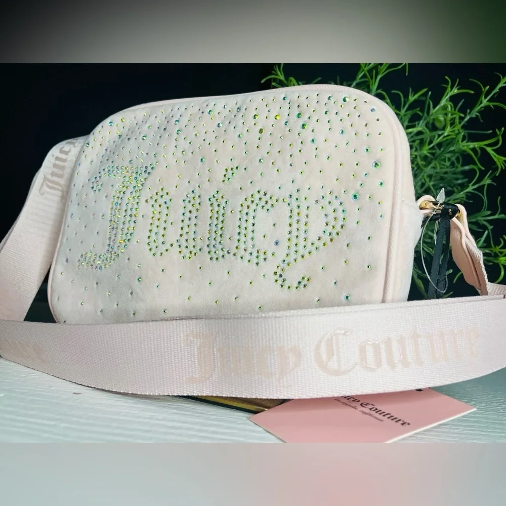Juicy Couture Let It Shine Velvet Crossbody Pink Clay Rhinestone Logo NWT